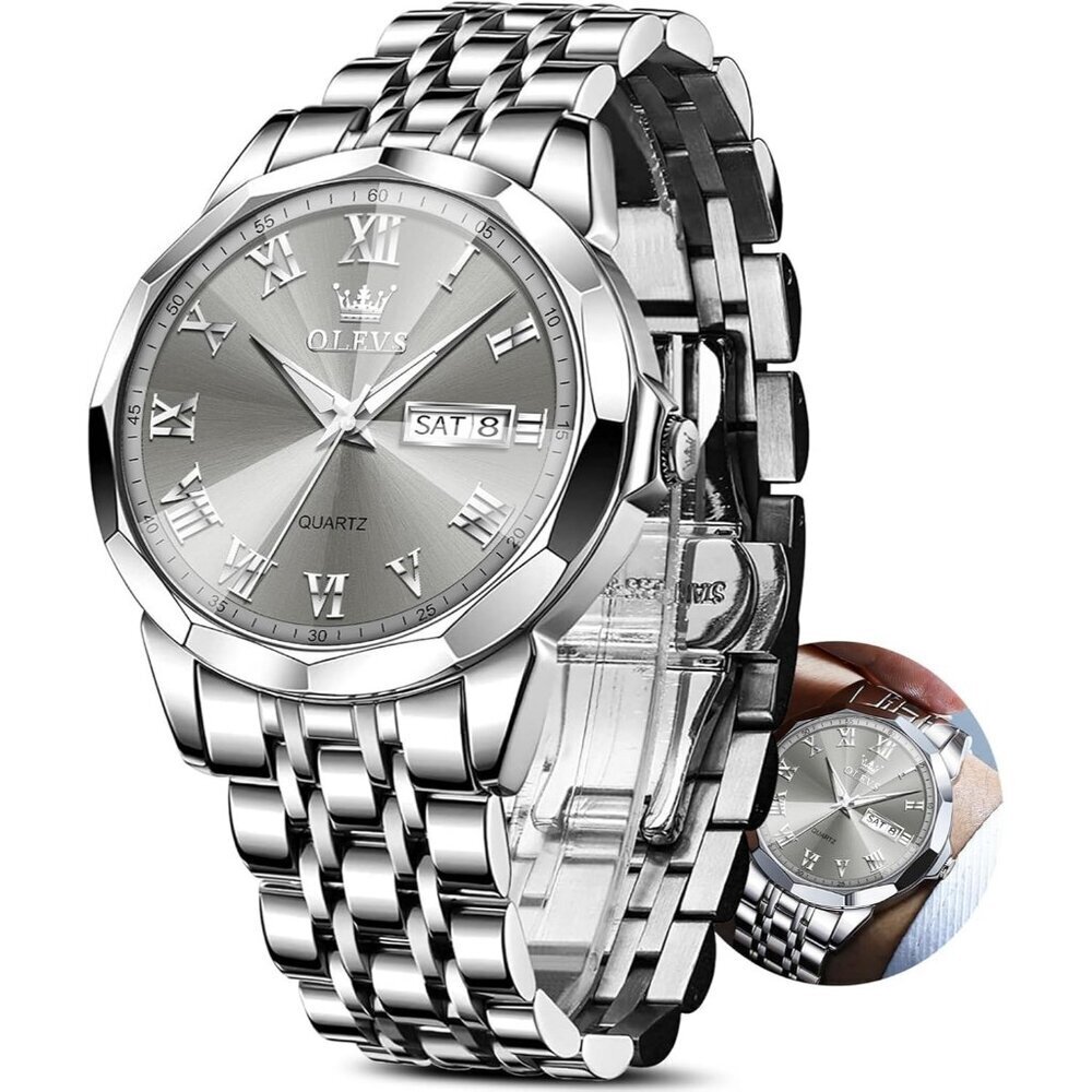 Olevs Men's Silver Grey Steel Stain Waterproof Stainless Luminous Stylish Watch